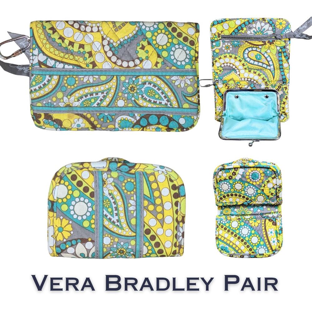 Vera Bradley Lemon Parfait Pair Set Travel ID Coin Purse Wallet + Card Holder